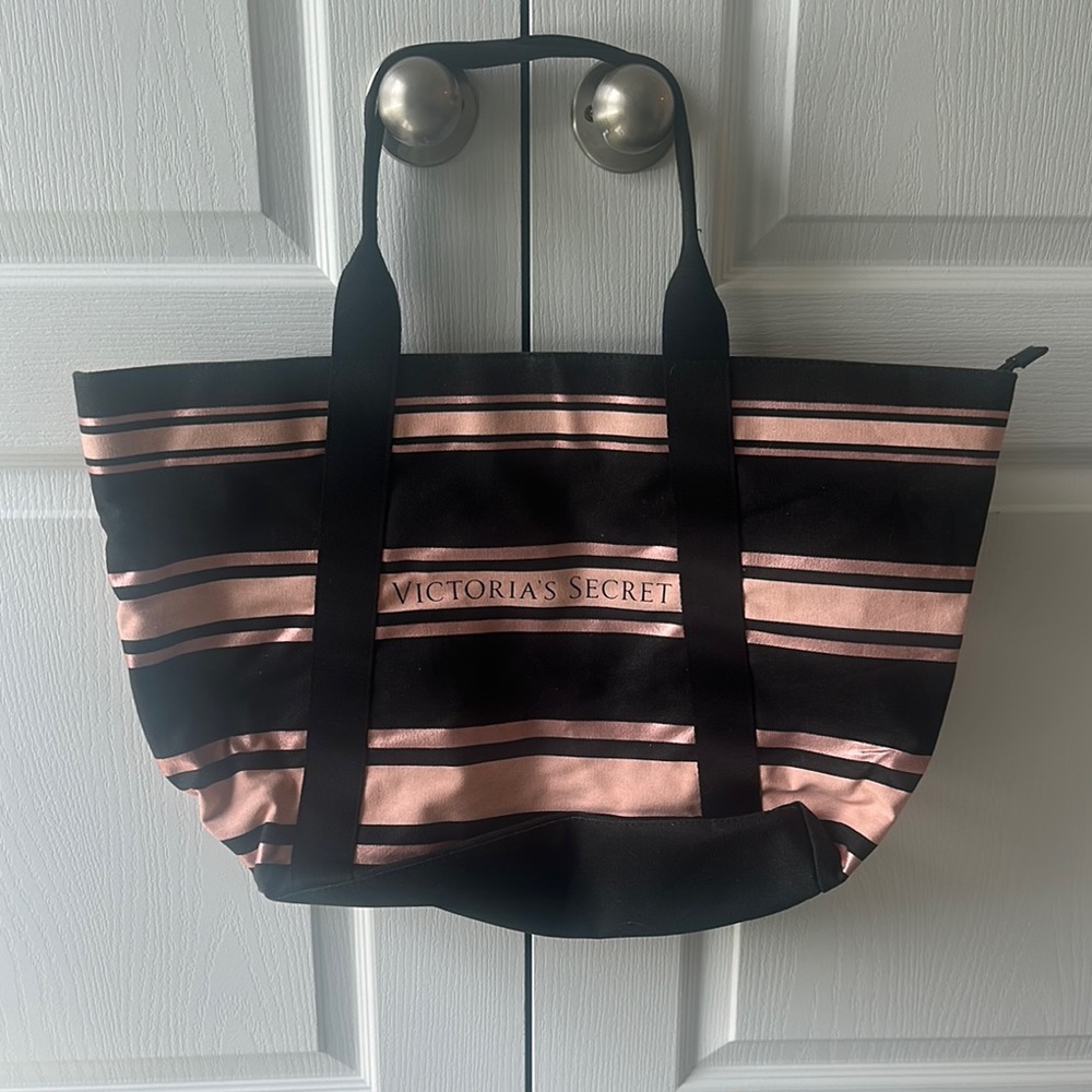 Victoria's Secret Black and Pink Striped Tote Bag